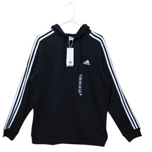 Adidas Black Regular Fit Fleece Hoodie Men's Black With White 3-Stripes Size L